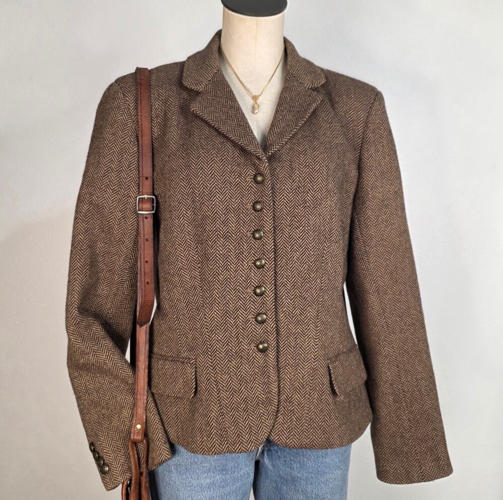 Herringbone Wool Blazer Brown Dark Academia Preppy Equestrian Size XL Chaps